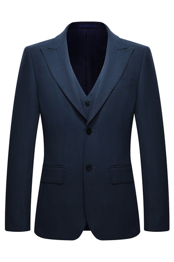 3 Piece Single Breasted Slim Fit Peak Lapel Men's Navy Suits